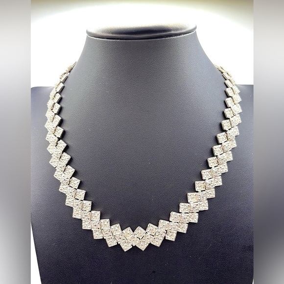 Vintage Necklace  Geometric Link Necklace and Earrings Set Silver Tone Sparkling - Picture 3 of 10